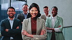 Face, happy woman and team in office with confidence, legal representative or client advocacy. Arms crossed, lawyers and laughing with leader for justice system, career integrity and corporate pride
