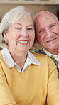 Happy, old couple and relax at house with face, love and partner support for healthy relationship. Portrait, senior people and unwind in lounge with spouse, connection and stress relief on retirement