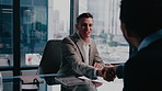 Office, business people and handshake for meeting, finance deal or investment partnership. Corporate, happy and workers shaking hands for financial agreement, negotiation and merger with consultant