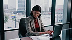 Laptop, typing and woman in office with paper for financial report, income statement or accounting. Reading document, computer and happy person in corporate enterprise, audit review or balance sheet