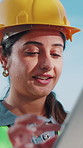 Construction worker, scroll and woman with tablet, outdoor or plan for renovation project with info. Builder, online and happy person with helmet, research and checking building schedule with tech