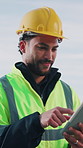 Builder, smile and man with tablet, outdoor and plan for renovation project with digital blueprint. Construction worker, scroll and happy person with tech, architecture and building schedule on web