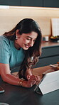 Remote work, tablet or woman in home with smile, digital draft or proofreading in ebook development. Happy, WFH or author with tech, literature research or manuscript edit for online publication.