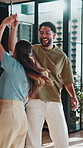 Dancing, spin and playful couple in home with fun, romantic moment and bonding with favorite song. Marriage, house and man with woman with affection, moving and music for relationship, love and happy