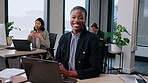 Laptop, happy and face of business woman in office for about us, advertising strategist and pride. Smile, growth marketing manager and opportunity with employee in coworking agency for startup