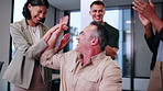 Employees, winning and happy man with high five in office for achievement or teamwork together. Excited, male person or celebration with colleagues clapping for applause or good news in workplace