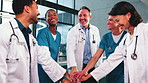 Medical, applause or people in hospital with handstack, teamwork or diversity in motivation circle. Happy, nurse or doctor with hands together, group success or encouragement in surgery preparation.