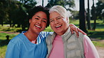 Fitness, nurse or old woman in nature with face, solidarity or workout support in active aging. Wellness, caregiver or senior patient with help, training assistance or unity in retirement activity.