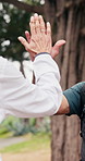 Elderly, hiking and happy couple with high five in nature for outdoor success, achievement or goal. Active, senior man and woman with smile for trekking, team adventure or journey together in forest