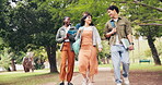 Friends, walk and outdoor in university with conversation, study tips or advice for exam preparation. Happy, people and discussion in park with bonding together, intelligence and support for college.