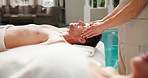 Spa, man and head massage with couple for relax, stress relief and healing at wellness retreat. Mature people, therapist and luxury service for peace, lymphatic drainage or holiday at swimming pool