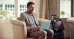 Laptop, smile and travel with business man in hotel for conference itinerary, research and report. Corporate retreat, vip event and tradeshow hospitality with mature employee for online update