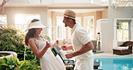 Happy, couple and dance at resort with summer holiday, feel good energy and unwind together on trip. Married, mature people and hat in luxury hotel with fun vacation, love and movement with rhythm.