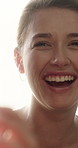 Happy, woman and laugh on date at restaurant for discussion, romantic dinner and bonding together. Smile, couple and chat for funny joke, anniversary occasion and conversation at hospitality service