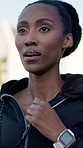 Fitness, serious or black woman in town with running, cardio or stamina exercise in weekend hobby. Breathing, wellness or athlete with jog, workout endurance or physical activity in outdoor practice.
