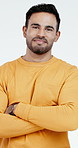 Face, designer or happy man with confidence in studio for creative business on a white background. Portrait, male person or casual employee with pride or arms crossed for project management or design