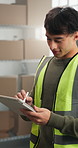Man, reading and logistics at startup with tablet, stock checklist and confirm order for delivery. Smile, person and writing in storage with tech, inspection and inventory management for distribution