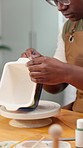 Hands, man and painting in class with pottery, sculpture and custom drawing for handmade craft. Person, paint brush and decoration in workshop with clay bowl, artistic process and porcelain creation