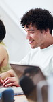 Man, student or research with laptop in university for academic scholarship or exam preparation. Male person, learner or smile with computer tech for online study, information or network connection