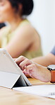 University student, scroll and hands with tablet, education or planning for assignment in classroom. College, research and person with technology, studying and exam preparation with info on website