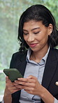 Happy, woman and lawyer in office with phone, contact witness and new evidence for court case. Smile, attorney and reading at law firm with mobile, upcoming trial and review testimony for proceedings