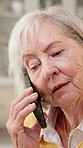 Gossip, conversation and old woman in house with phone call, connectivity and relax on weekend break. Elderly person, discussion and retirement in home with mobile tech,  contact or internet network.