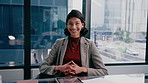Face, businesswoman and happy in office with finance career, confidence and data for accounting task. Financial analyst, person and smile in workplace with job experience, statistics and about us.