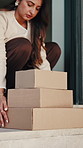 Logistics, box or woman at door with delivery, parcel arrival or shipment pickup in courier service. Distribution, order or person with package, customer purchase or home drop off in supply chain.