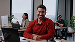 Laptop, laugh and face of business man in office for about us, advertising strategist and pride. Smile, growth marketing manager and opportunity with employee in coworking agency for startup