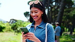 Text, laugh or university student in park with phone, online chat or funny post on social media app. Digital, typing or happy woman outdoor with tech, college meme or comic reaction on gen z blog.