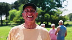 Face, old man and smile at park for fitness, confidence and morning exercise for healthy lifestyle. Portrait, senior person or happy in nature with friends, fresh air and pilates workout for wellness
