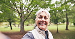 Face, selfie and old woman in park for running, workout or social media post for fitness influencer. Happy, senior person and runner outdoor with live stream, content creation and vlog for exercise.