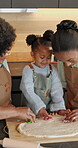Baking, black family and cookie shape in kitchen for quality time, bonding or cutter in home. Dessert, recipe or happy child with mother and grandmother for learning, generations or dough for biscuit