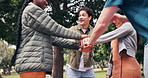 Happy, man and friends with stack at park for social inclusion, solidarity and shared success. Applause, people and pile with celebration for friendship achievement, belonging huddle and group spirit