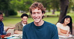 Face, friends and man outdoor at university for study group, education and learning opportunity. Happy, portrait and person with students on campus for assignment, knowledge or development at college