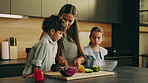 Mom, children or meal prep with vegetables in kitchen for healthy diet, recipe or teaching in home. Mother, kids or getting ready with natural organic ingredients for cooking dinner together in house