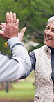 Senior, nature and happy couple with high five for fitness success, workout goals or achievement. Active, elderly man and woman with smile or celebration for teamwork or outdoor exercise in park