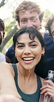 Fitness, friends and selfie at park with smile, social media status or laughing on break together. Face, runners and picture with group of happy people in nature, photography POV and peace sign