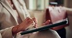 Tablet, hands and travel with business person in hotel for conference itinerary, research and report. Corporate retreat, vip event and tradeshow hospitality with employee in lodge for online update