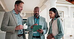 Tablet, event and talk with business people at conference for vip organizer, meeting and advice. Delegate registration, digital guest sign in and seminar coordinator with employee in hotel for search