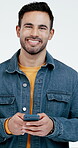 Text, face and man in studio with phone, internet search and communication on online platform. Digital, portrait or happy person with tech, social media update or message response on white background