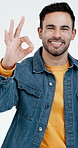 Face, happy and man in studio with okay sign for approval, agreement and yes for recommendation. Portrait, white background and person with emoji for success, perfect review and support for feedback
