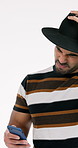 Stress, upset and man in studio with phone for website scam, fake discount and ai advertising. Frustrated, white background and person on cellphone with mistake, ecommerce fraud and retail copycat