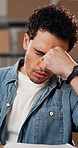 Man, headache or logistics with stress for tax inflation, courier delay or small business failure. Frustrated, male person or fatigue with migraine, stock or loss for shipping crisis or freight issue