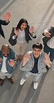 Face, business and happy people waving in building for friendly team environment or company together. Top view, group or employees with smile, hello or introduction for about us, welcome or workplace