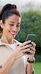 Fitness, typing or woman outdoor with phone, funny message or exercise meme on social media. Happy, space or mature person in backyard with laugh, wellness chat or virtual tutorial on training break.