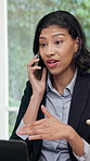 Businesswoman, phone call and remote work with laptop in home office, talking and labor law update. Freelance, communication and happy person with mobile, HR and explaining company policy in house