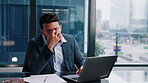 Man, stress and laptop in office for finance, banking mistake and incorrect transaction with paper. Accountant, tech and headache in business for missing data, wrong information or tax audit deadline