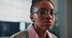 Glasses, computer and research with business black woman in office for ai software, review and startup. Saas developer, client automated support and planning with employee in tech agency for update