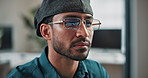 Man, code and programming in office with computer, reflection and system login for cybersecurity. Person, glasses or encryption in workplace with tech, testing database and script for data protection